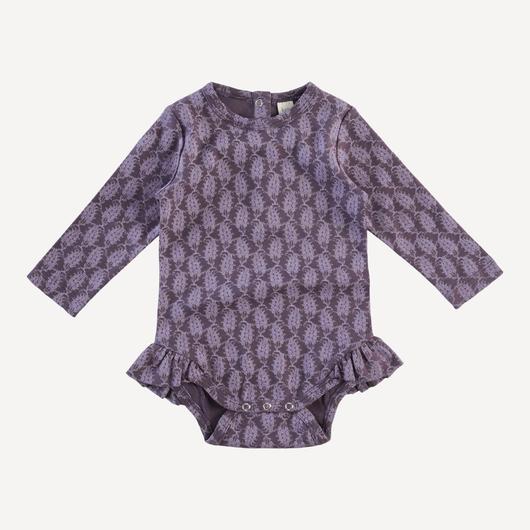 long sleeve ruffle leg bodysuit | purple woodland paisley | organic cotton interlock