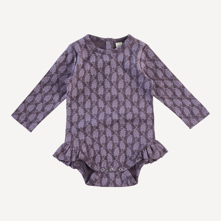long sleeve ruffle leg bodysuit | purple woodland paisley | organic cotton interlock