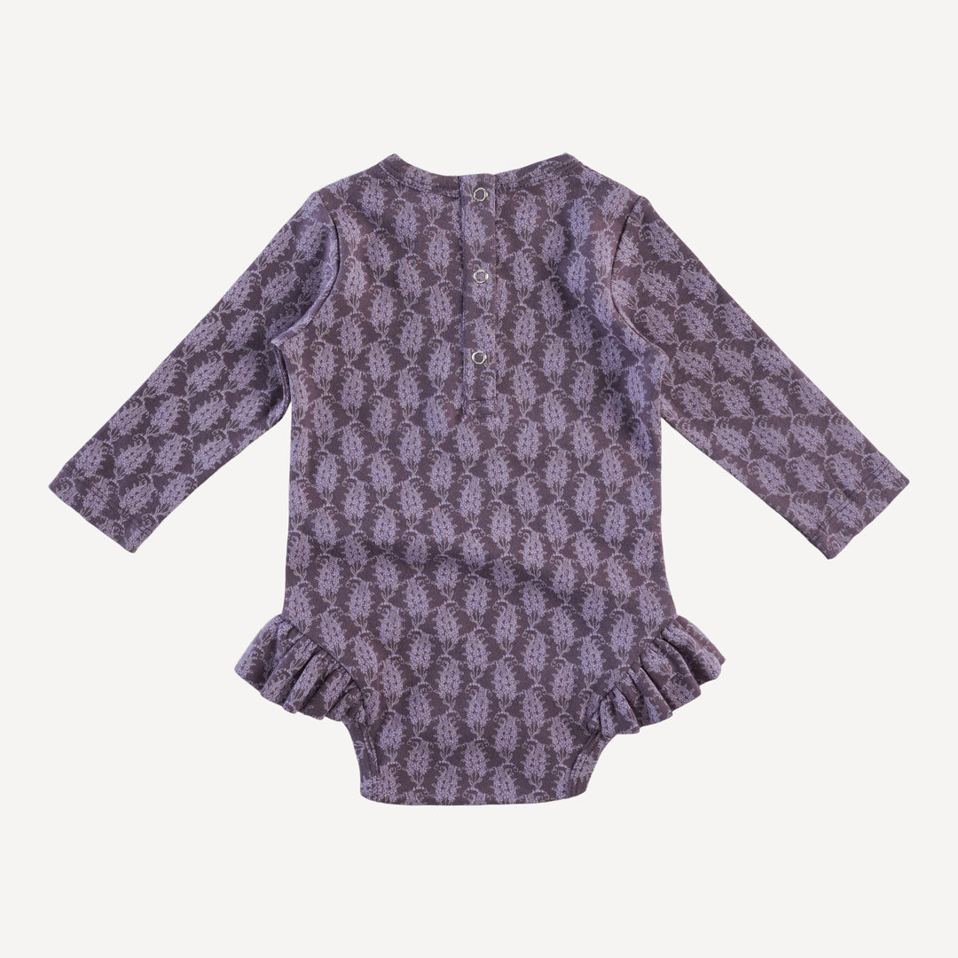 long sleeve ruffle leg bodysuit | purple woodland paisley | organic cotton interlock