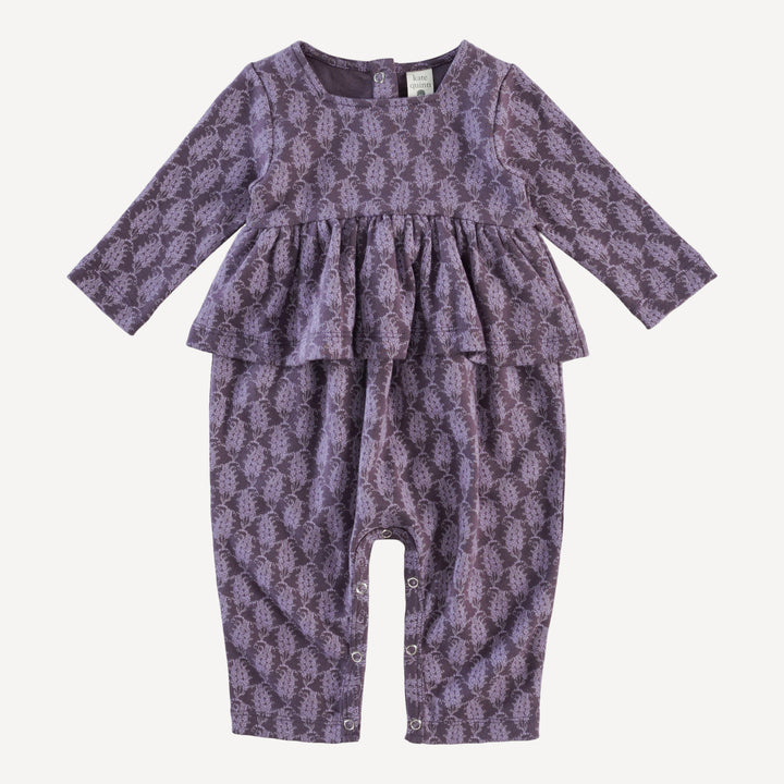long sleeve ruffle jumpsuit | purple woodland paisley | organic cotton interlock