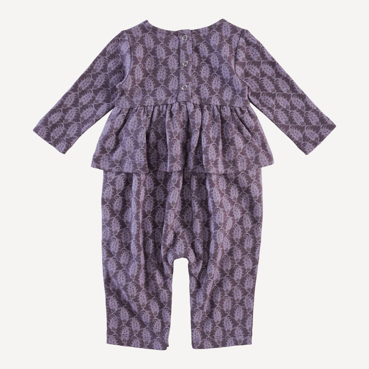long sleeve ruffle jumpsuit | purple woodland paisley | organic cotton interlock