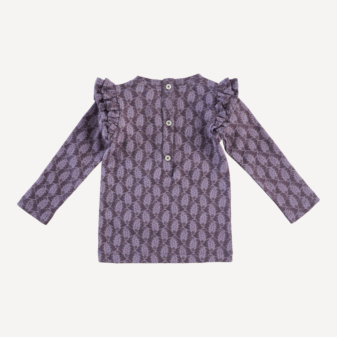 long sleeve double ruffle top | purple woodland paisley | organic cotton interlock