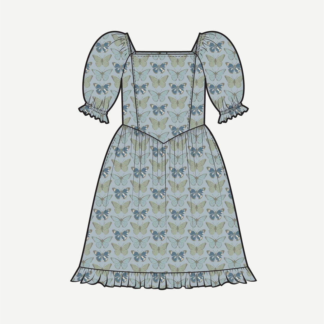 PREORDER puff sleeve v-waist princess dress | blue butterflies allover | modal
