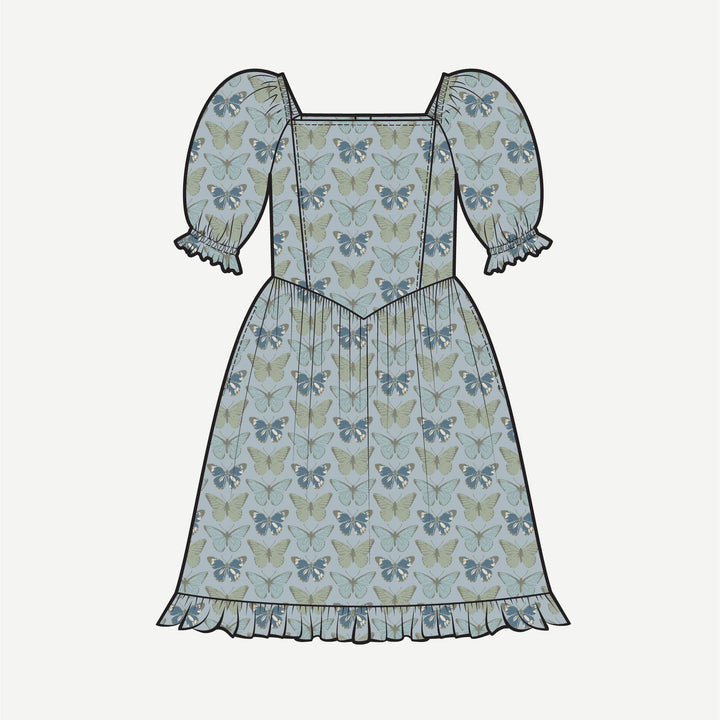 PREORDER puff sleeve v-waist princess dress | blue butterflies allover | modal