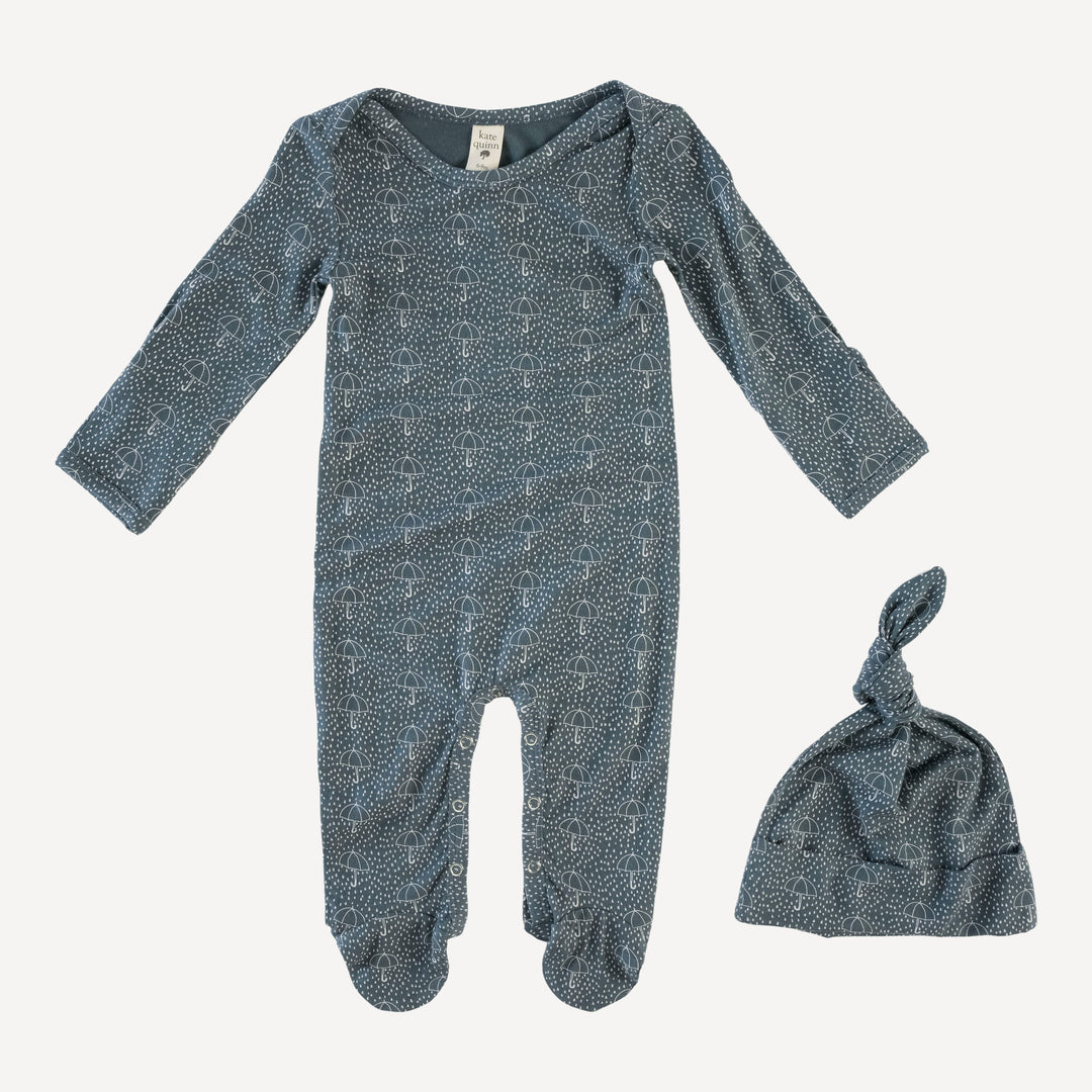 long sleeve lap neck footie + knot hat set | rain drops | lenzing modal