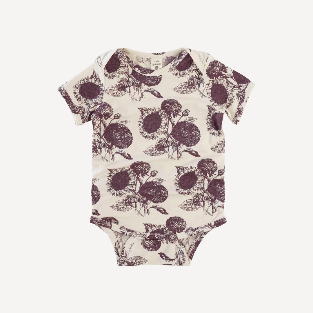 short sleeve lap neck bodysuit | eggplant sunflower | lenzing modal