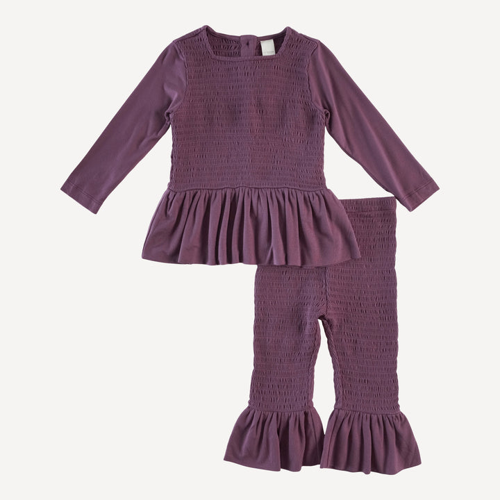 long sleeve smocked ruffle top and pant set | raisin | modal