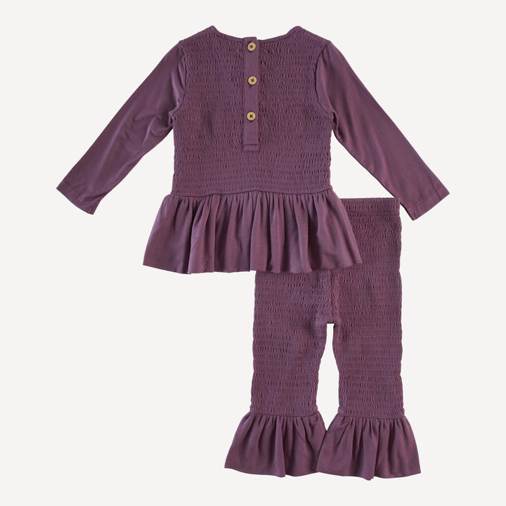 long sleeve smocked ruffle top and pant set | raisin | modal