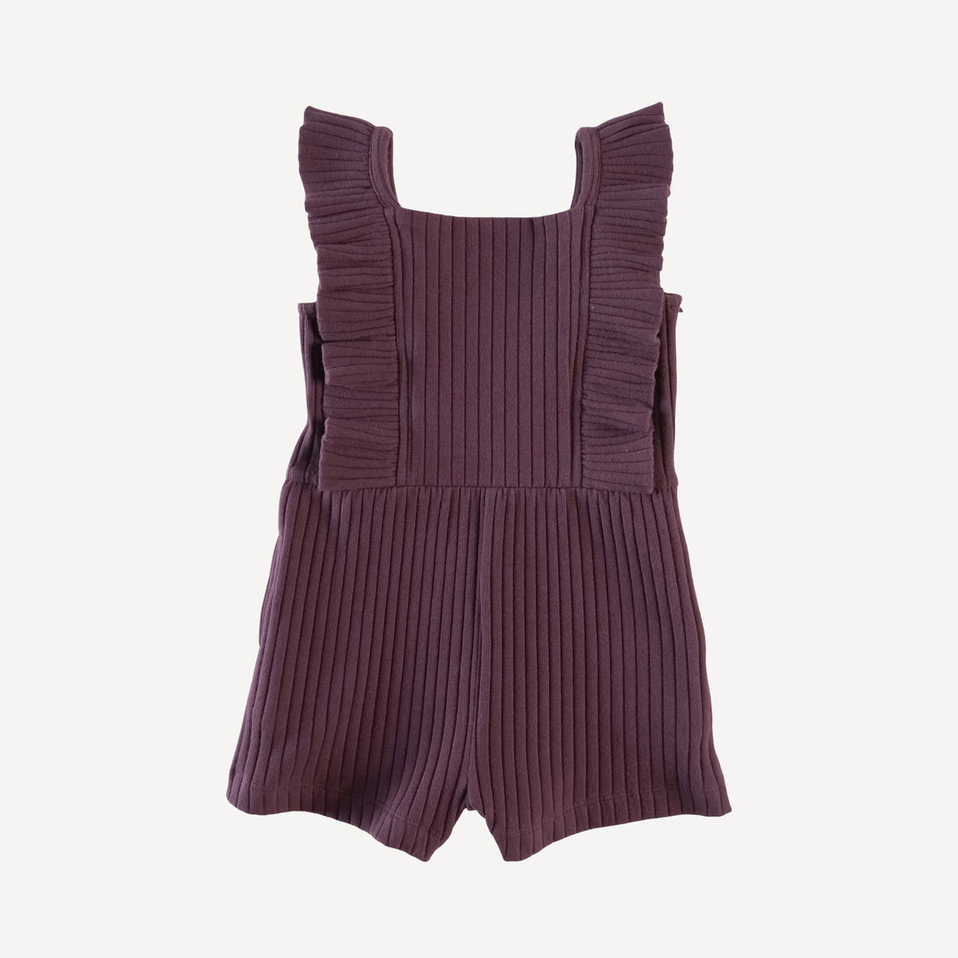 pinafore ruffle romper | raisin | organic cotton wide rib