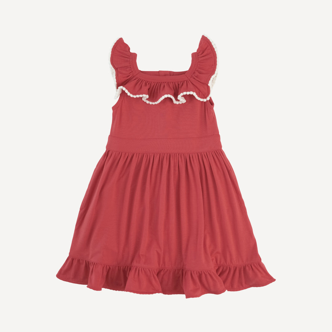 sleeveless square neck ruffle pom pom dress | red berry | modal
