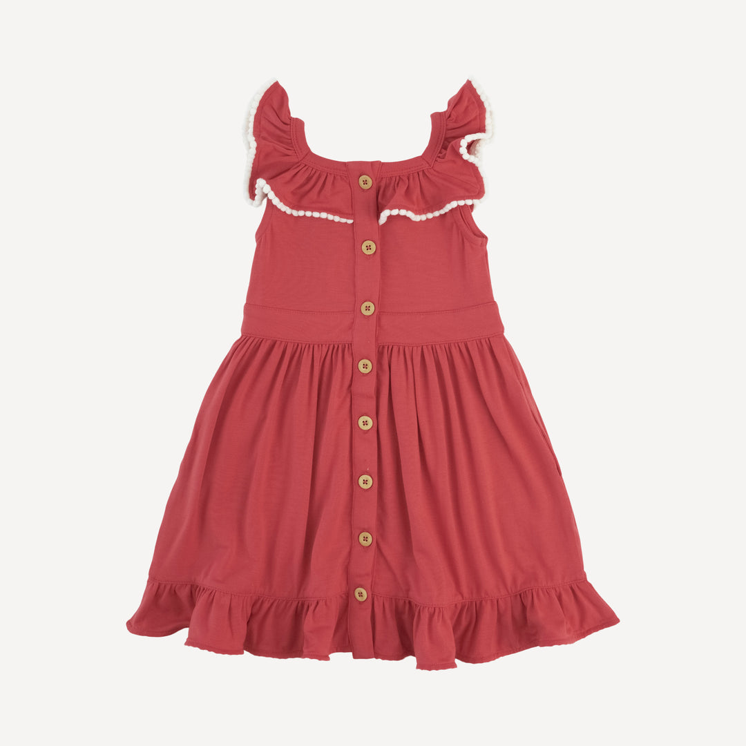 sleeveless square neck ruffle pom pom dress | red berry | modal
