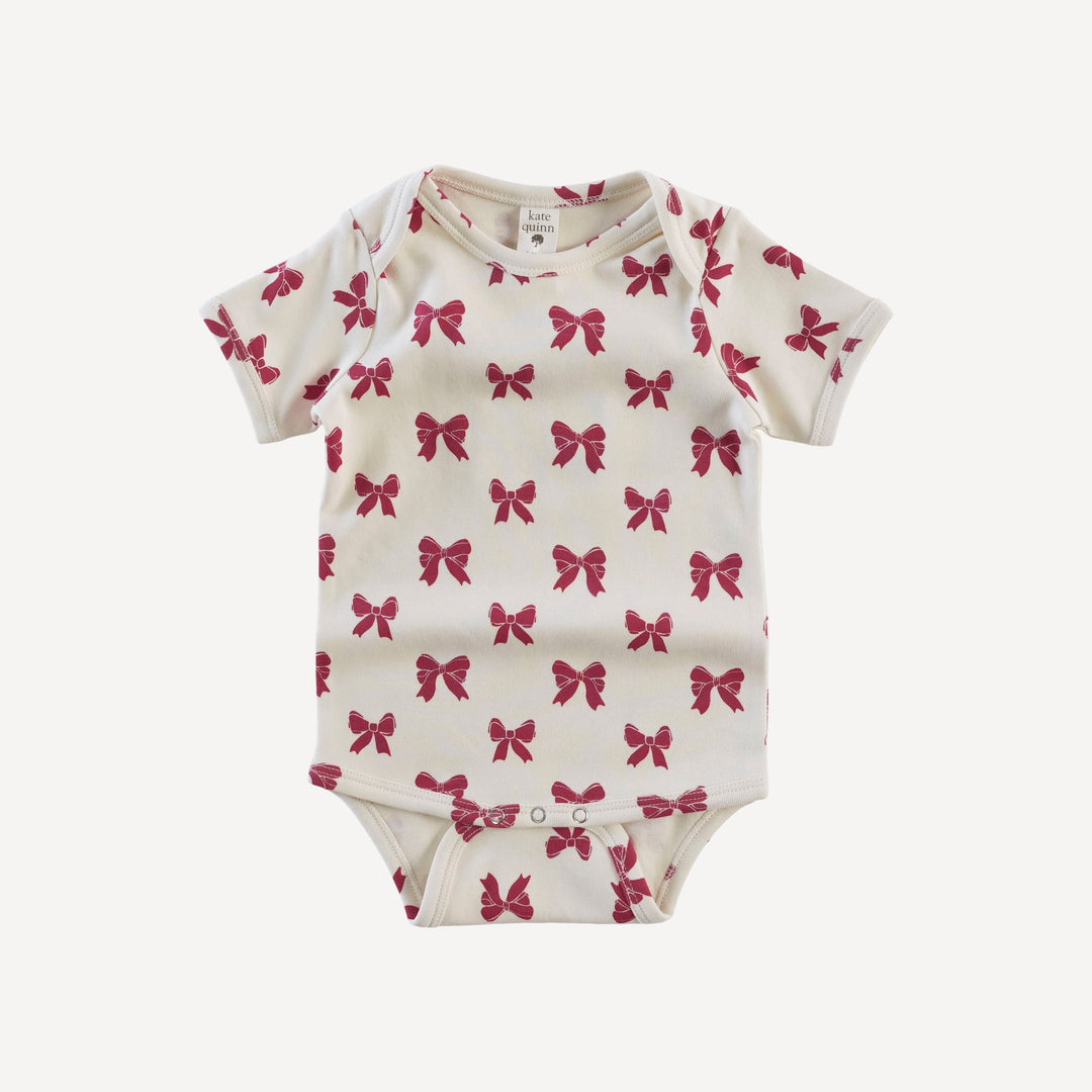 short sleeve lap neck bodysuit | red bow | organic cotton interlock