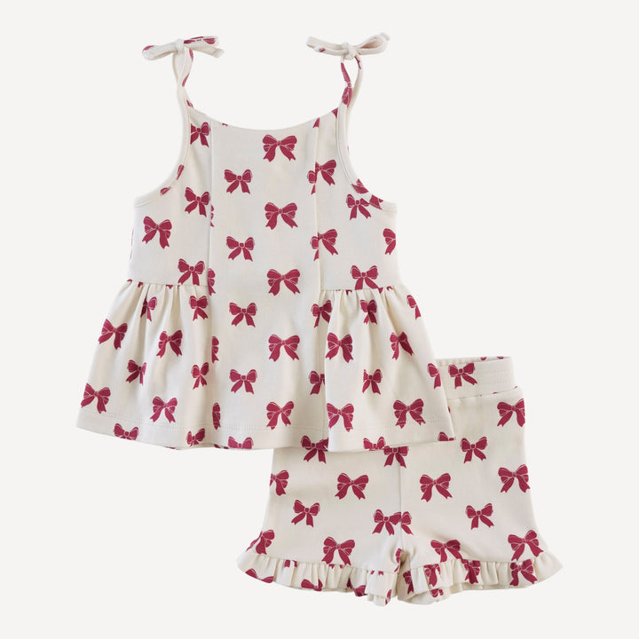 spaghetti tie ballerina top + ruffle short set | red bow | organic cotton interlock
