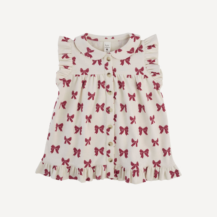 sleeveless peter pan button ruffle top | red bow | organic cotton interlock