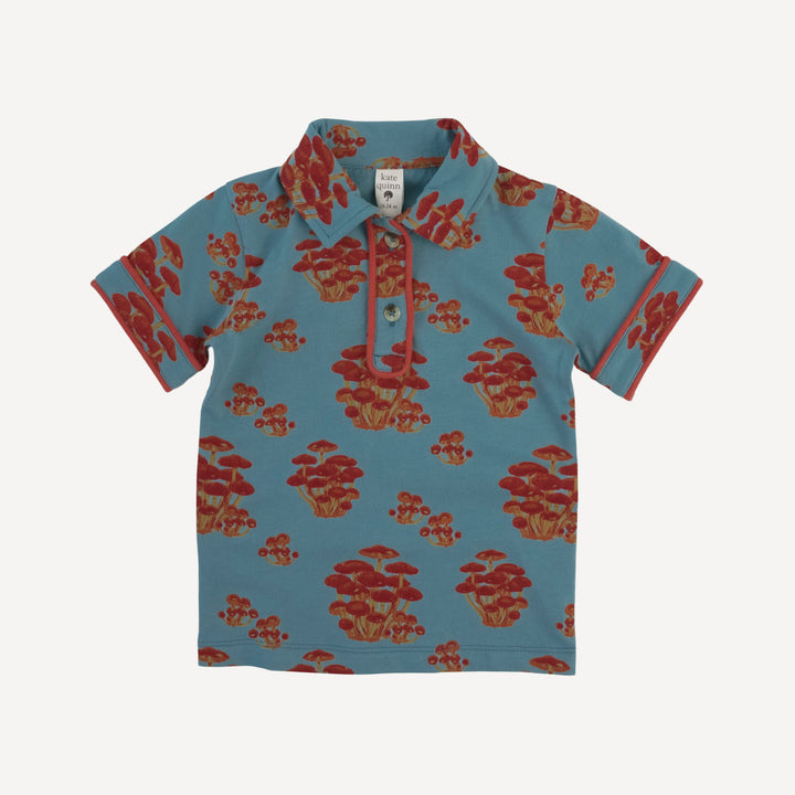 short sleeve piped polo tee | red mushroom bunch | organic cotton jersey