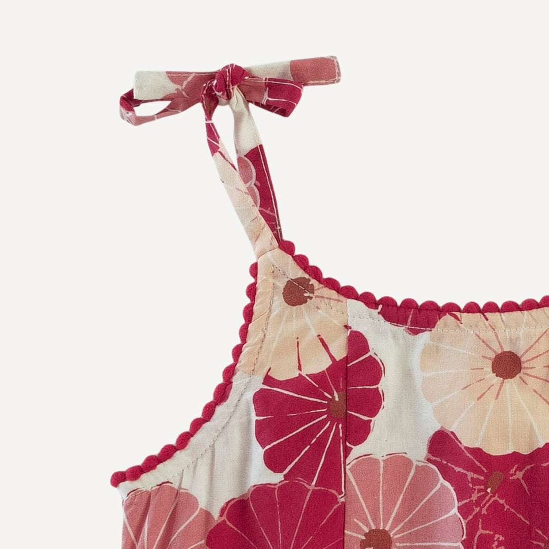 spaghetti tie ballerina pom pom bubble | red vintage daisy | organic cotton woven