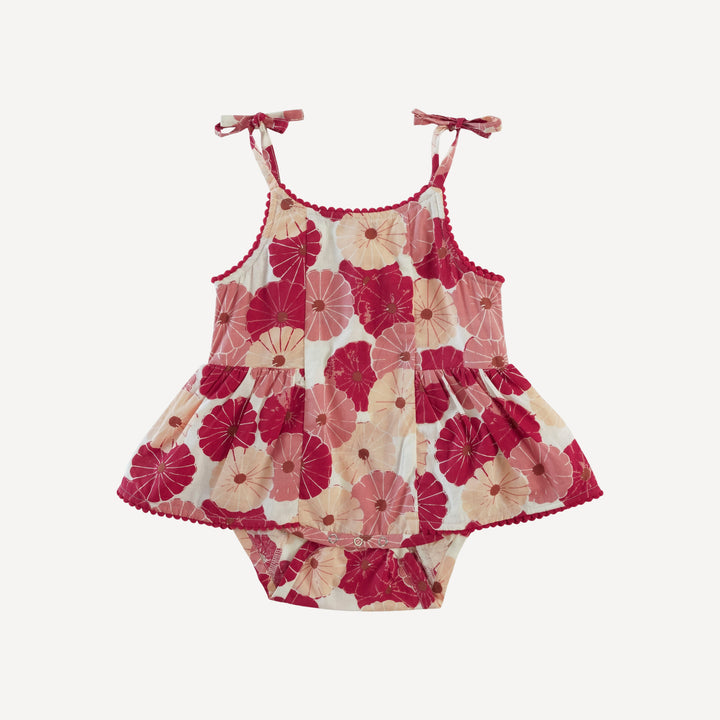 spaghetti tie ballerina pom pom bubble | red vintage daisy | organic cotton woven