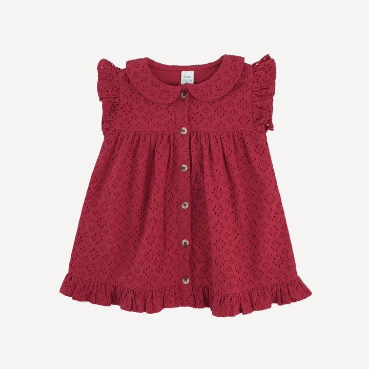 sleeveless peter pan button ruffle top | red violet | organic cotton woven eyelet
