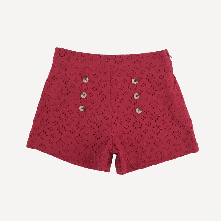 100 acre wood short | red violet | organic cotton woven eyelet