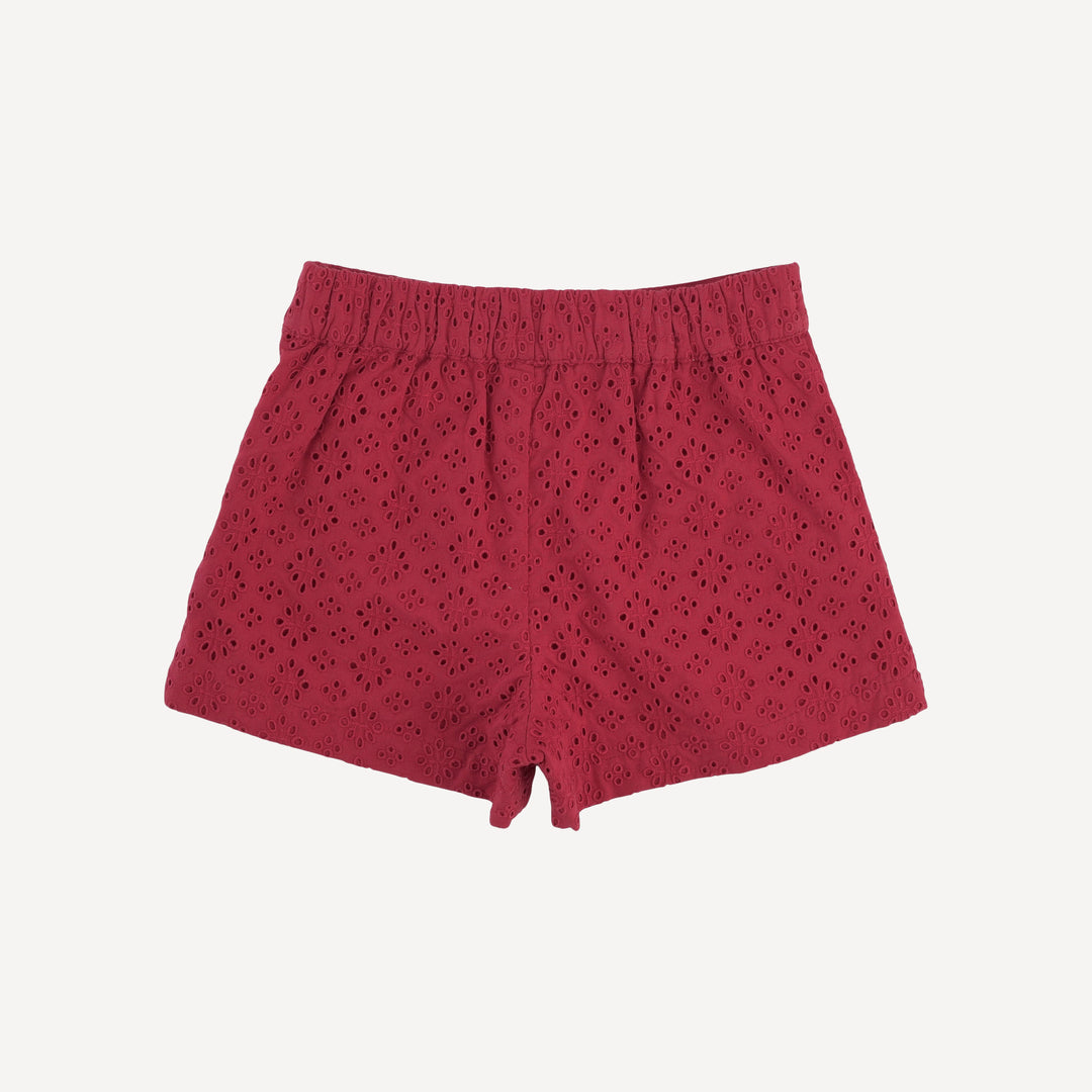 100 acre wood short | red violet | organic cotton woven eyelet