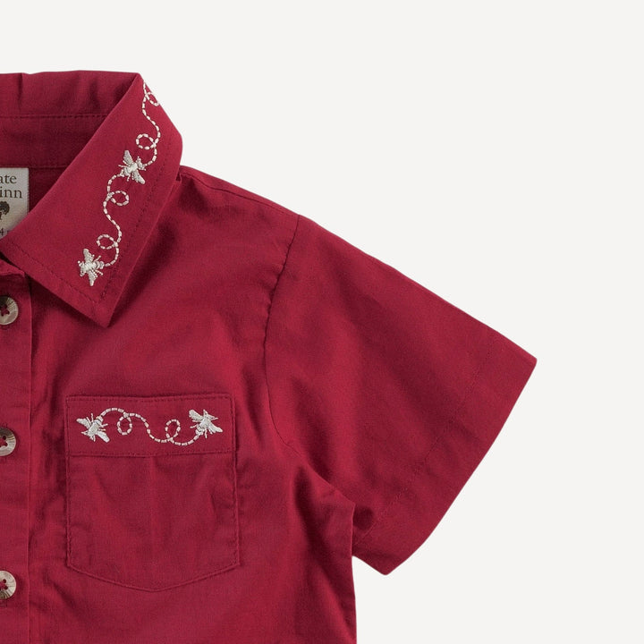 short sleeve embroidered button shirt | red violet | organic cotton woven