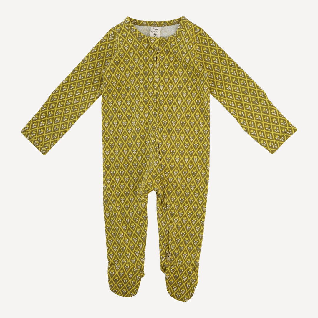 long sleeve two way zipper footie | retro diamond floral | organic cotton jersey