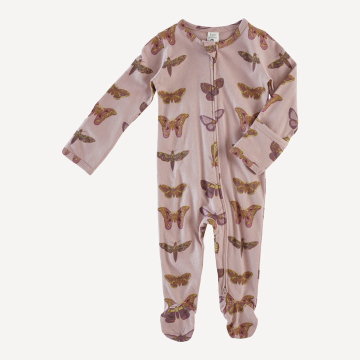 long sleeve zipper footie | rose moth | organic cotton jersey