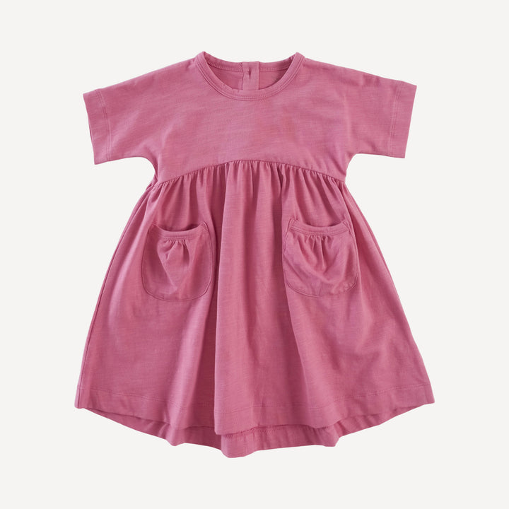short sleeve gathered waist t-shirt pocket dress | rose petal | organic cotton slub