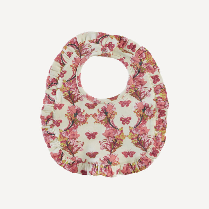 ruffle bib | pink floral butterfly | organic cotton interlock
