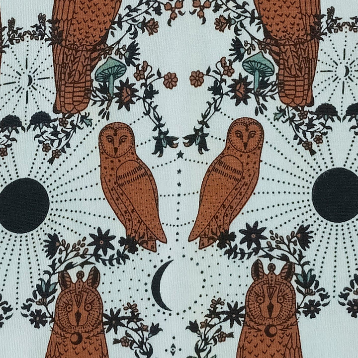 tween short sleeve twirl dress | rust mystical owl | organic cotton jersey