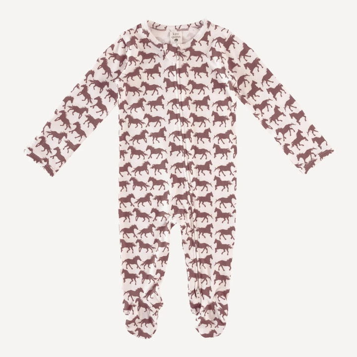long sleeve two way zipper footie | wild ginger horses | organic cotton jersey
