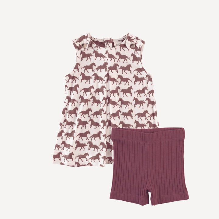sleeveless button tab top + bike short set | wild ginger horses | organic cotton jersey