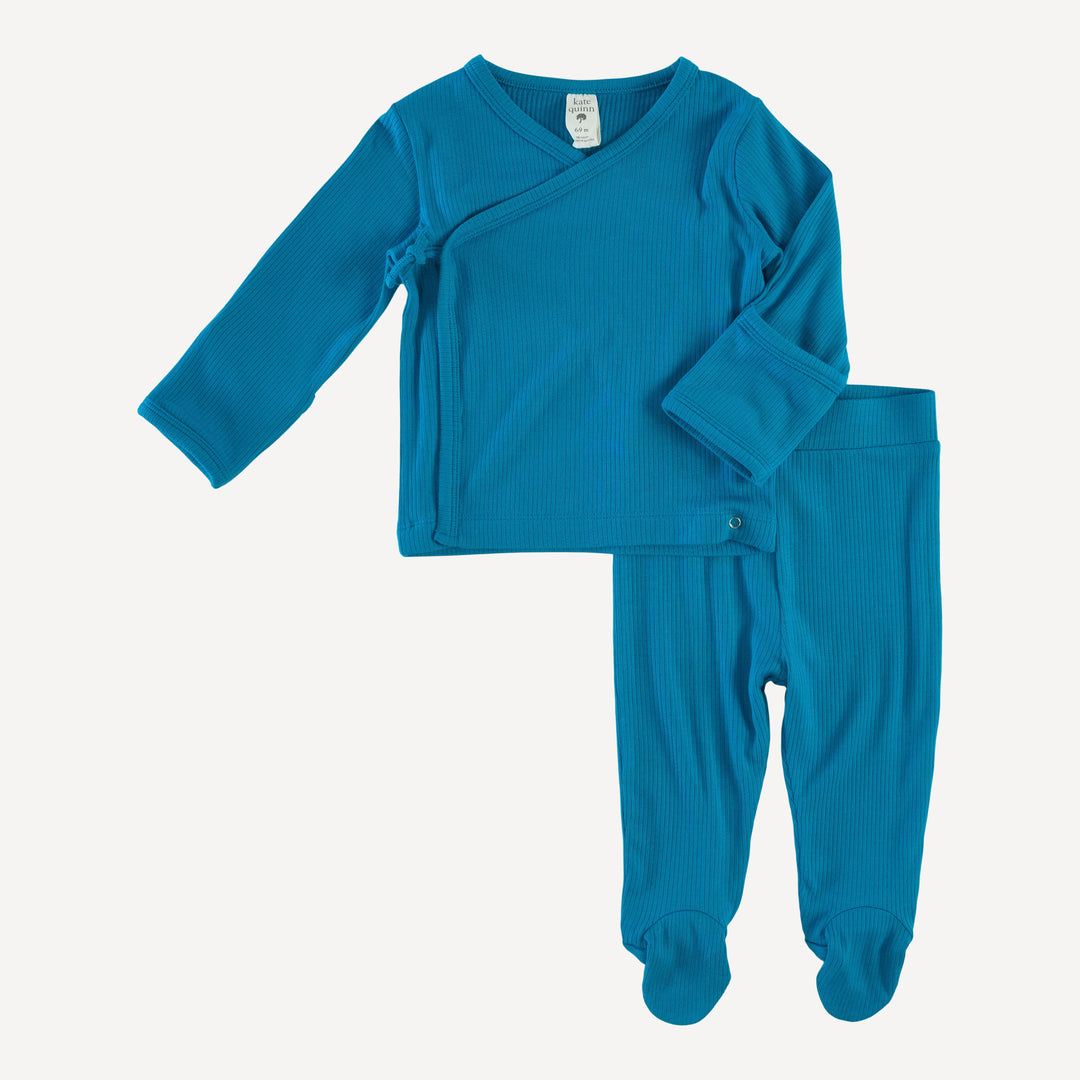 long sleeve wrap top and footed pant set | sapphire | modal skinny rib