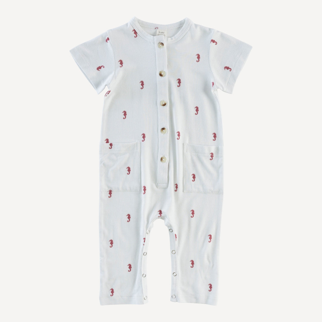 short sleeve button down pocket jumpsuit | seahorse stripe | bamboo