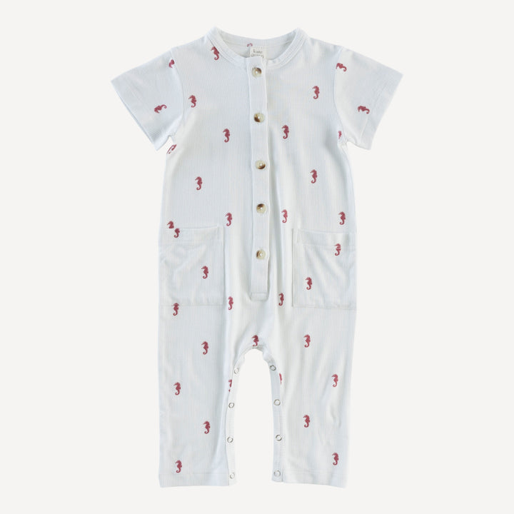 short sleeve button down pocket jumpsuit | seahorse stripe | bamboo