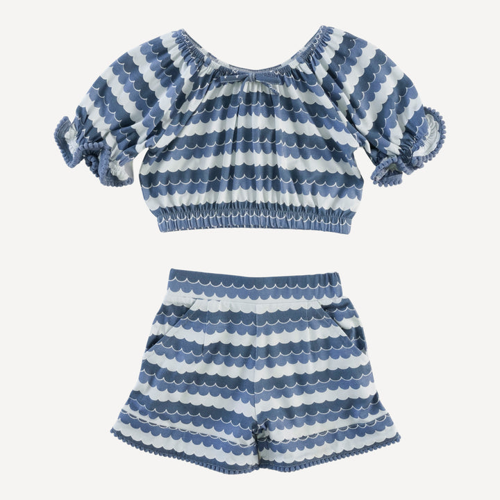 pom pom short sleeve crop top and short set | sea water | bamboo