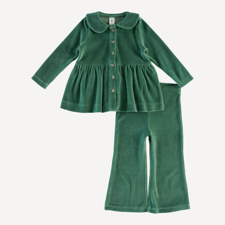 long sleeve peter pan top and flare pant set | shaded spruce | organic cotton velour