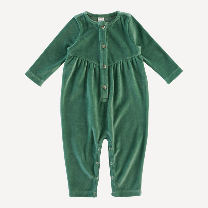 long sleeve button front v-waist jumpsuit | shaded spruce | organic cotton velour