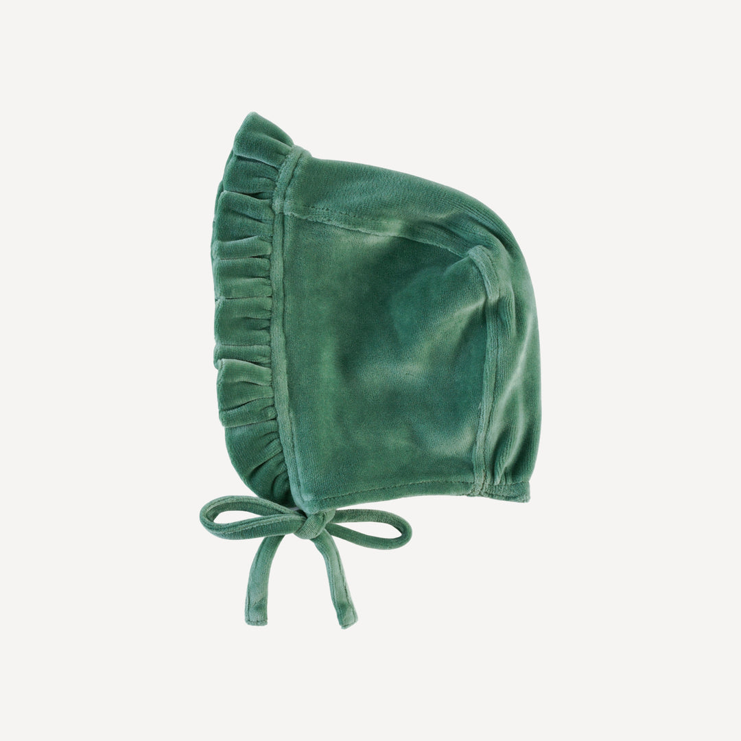 small ruffle bonnet | shaded spruce | organic cotton velour