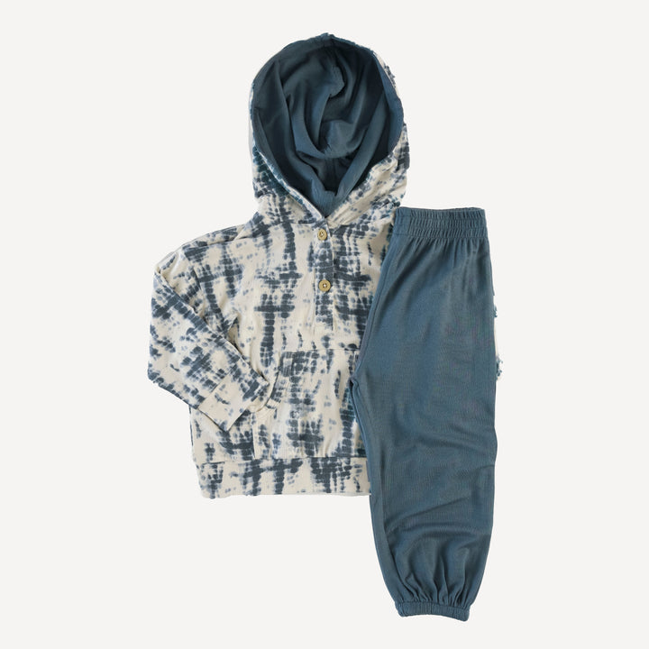 long sleeve boxy henley kanga hoodie + relaxed jogger set | slate blue shibori | modal