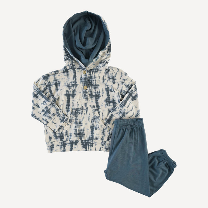 long sleeve boxy henley kanga hoodie + relaxed jogger set | slate blue shibori | modal