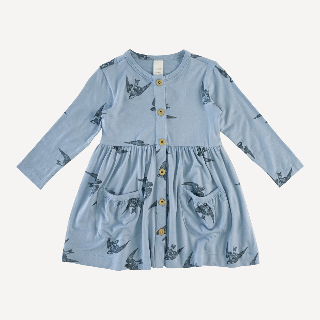 long sleeve button front pocket dress | slate blue sparrow | modal