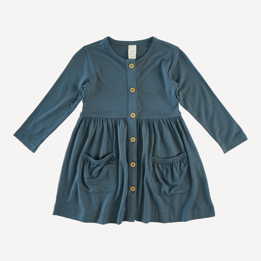 long sleeve button front pocket dress | slate blue | modal