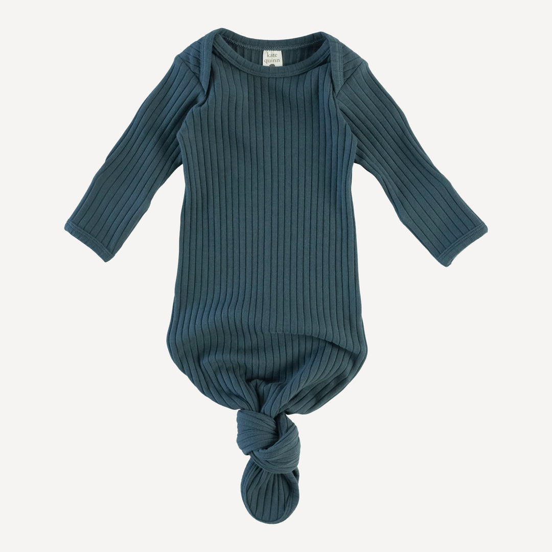 long sleeve lap neck knotted gown | slate blue | organic cotton wide rib