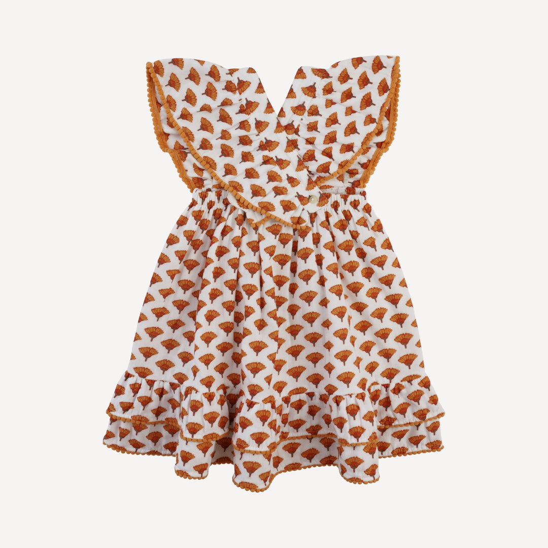 ruffle strap pom pom dress | small marigold | organic cotton gauze