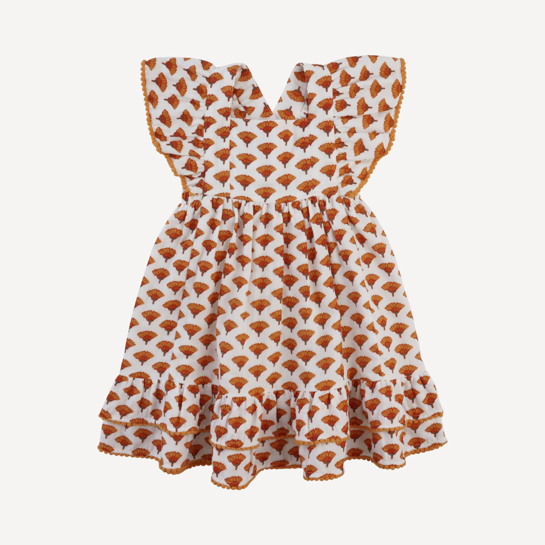 ruffle strap pom pom dress | small marigold | organic cotton gauze