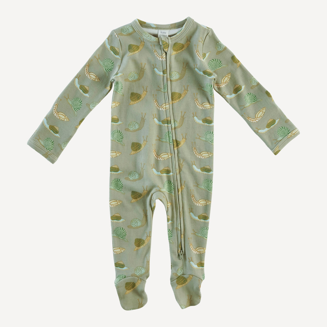 long sleeve two way zipper footie | snails | organic cotton interlock
