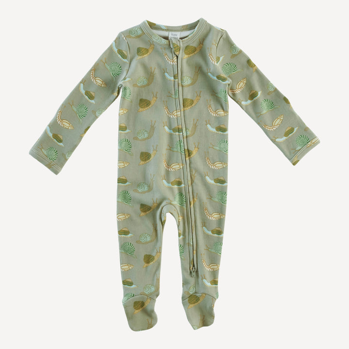 long sleeve two way zipper footie | snails | organic cotton interlock