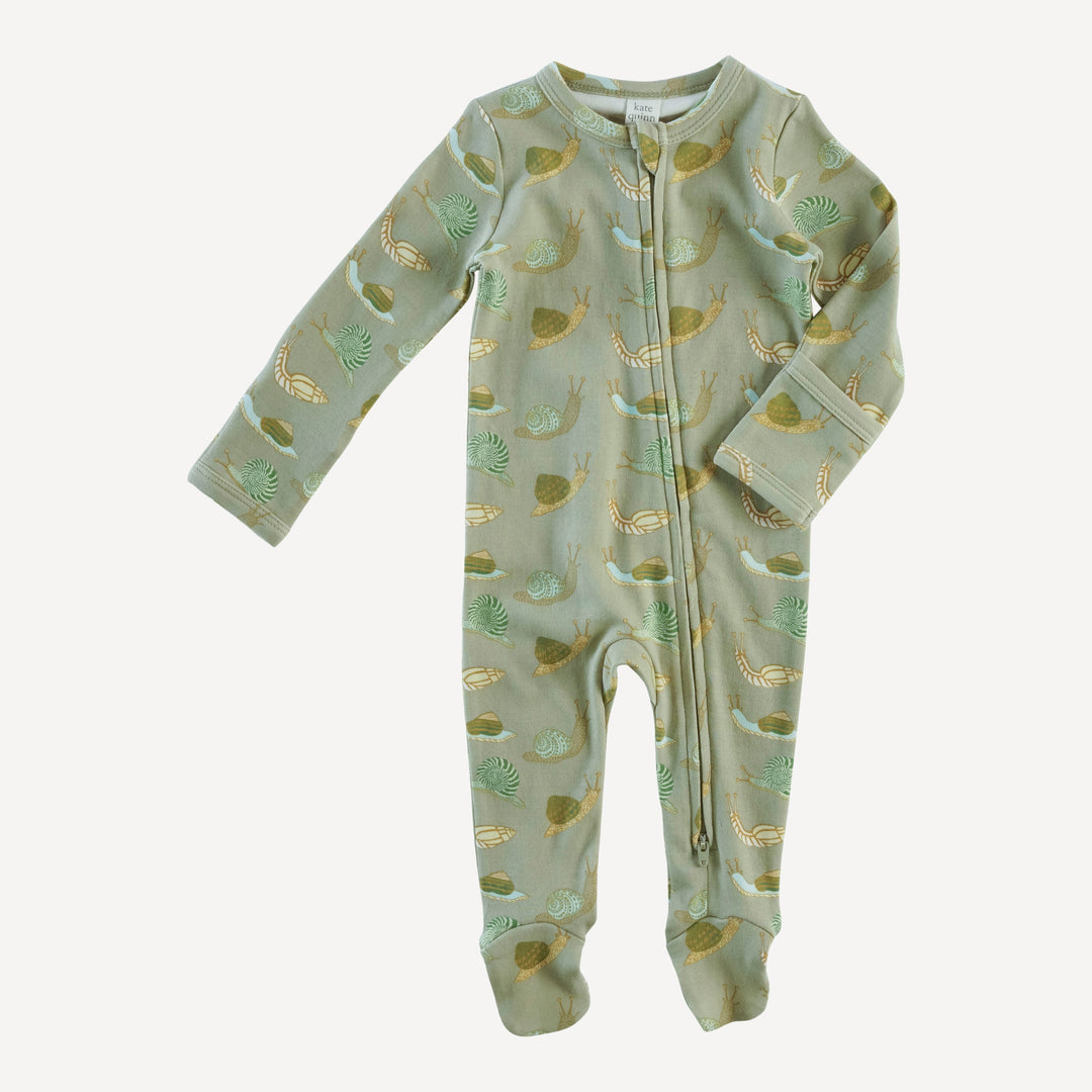 long sleeve two way zipper footie | snails | organic cotton interlock