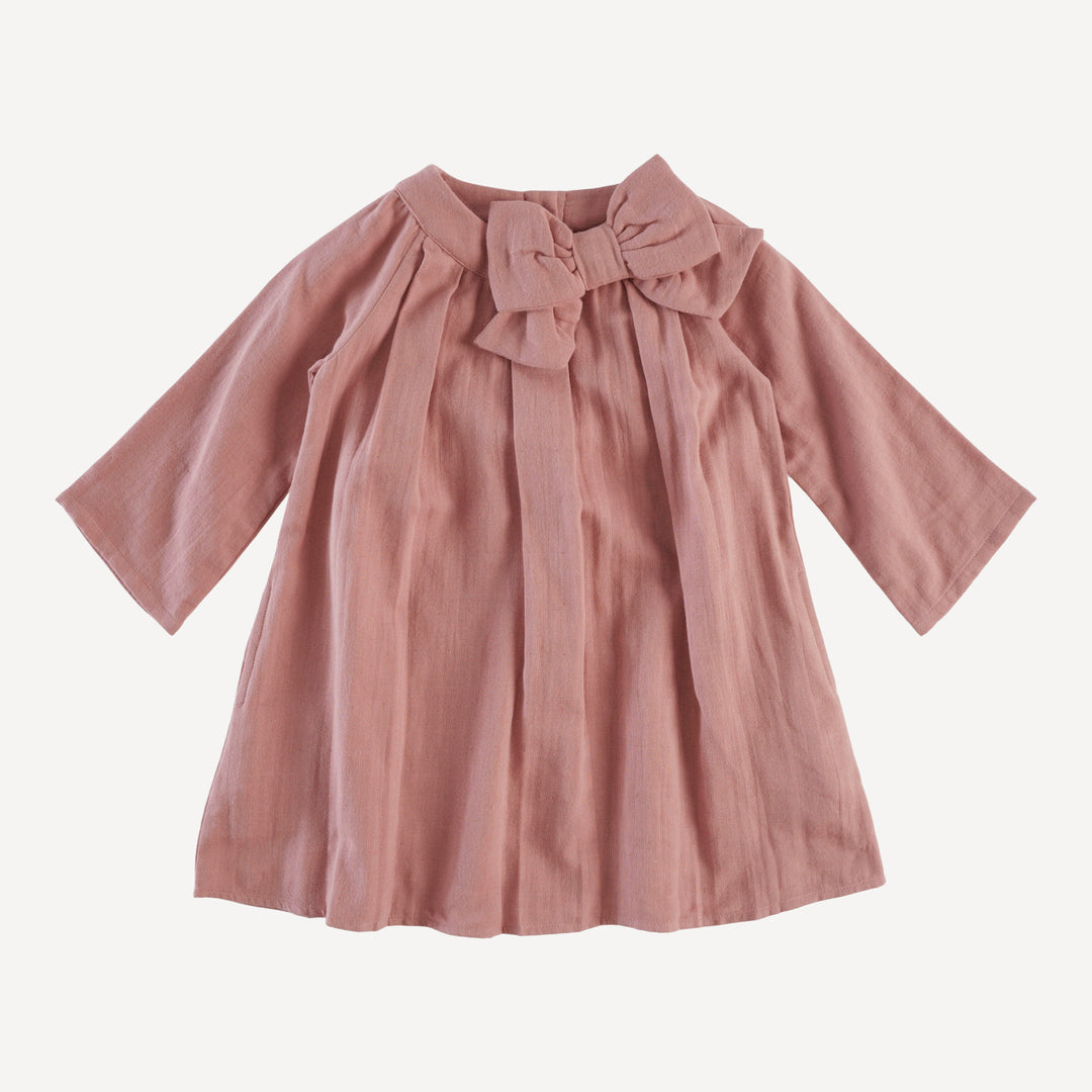 long sleeve pleated bow dress | soft rose | organic cotton gauze